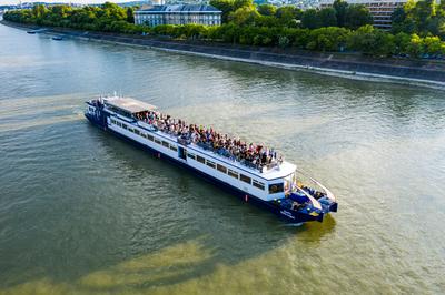 Party boat on Danube river in Budapest-stock-photo