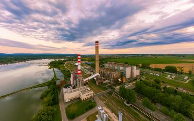 Power plant of Oroszlany city in Vertes hills Hungary-stock-photo