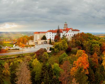 Fantastic arieal photo of Pannonhalama Benedictine abbey in Hungary.-stock-photo