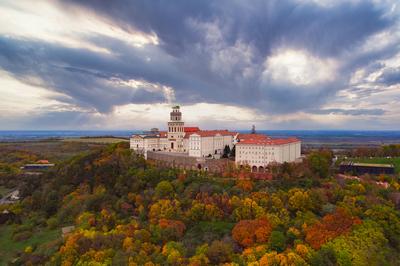 Fantastic arieal photo of Pannonhalama Benedictine abbey in Hungary.-stock-photo