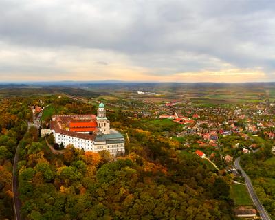 Fantastic arieal photo of Pannonhalama Benedictine abbey in Hungary.-stock-photo