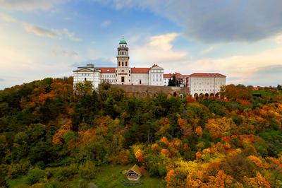 Fantastic arieal photo of Pannonhalama Benedictine abbey in Hungary.-stock-photo