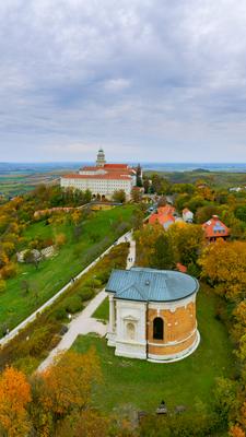 Fantastic arieal photo of Pannonhalama Benedictine abbey in Hungary.-stock-photo