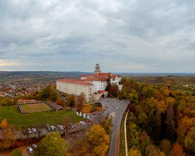 Fantastic arieal photo of Pannonhalama Benedictine abbey in Hungary.-stock-photo