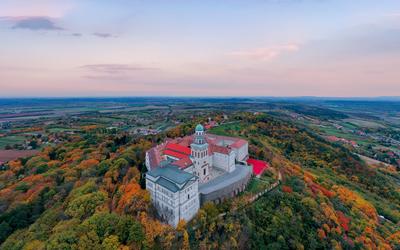 Fantastic arieal photo of Pannonhalama Benedictine abbey in Hungary.-stock-photo
