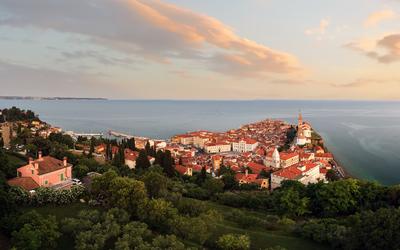 Panoramic photo about piran old town in Slovenia-stock-photo