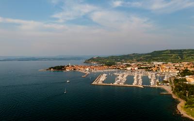 Aerial cityscape about Izola town Slovenia-stock-foto