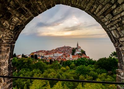 Panoramic photo about piran old town in Slovenia-stock-photo