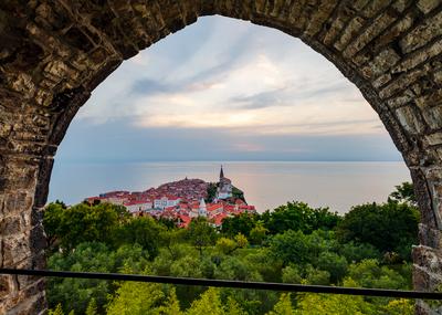Panoramic photo about piran old town in Slovenia-stock-photo