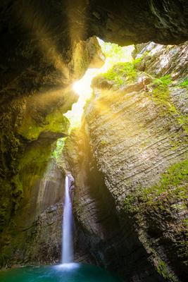 Amazing view about the kozjak waterfall in Triglav national park Slovenia.-stock-photo