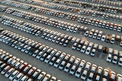 Aerial view new cars lined up in the parking station-stock-photo