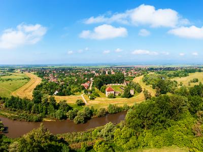 Aerial view about Onod village with sajo river-stock-foto