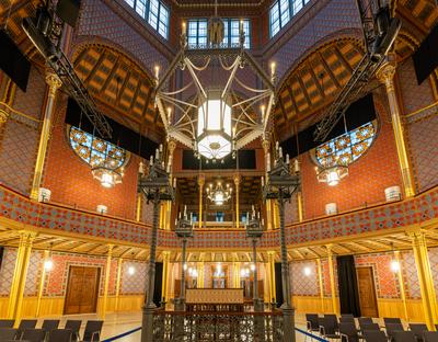 Interior of Rumbach sebestyen Street Synagogue. Near by   the famous Dohany street synagogue. amazing renewef space. Built in 1870-73. designed the architect Otto Wagner.-stock-photo