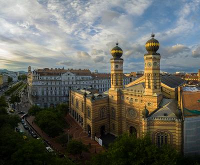Budapest, Hungary. Dohany street Synagogue aerial view. This is an Jewish memorial center also known as the Great Synagogue or Tabakgasse Synagogue. It is the largest synagogue in Europe-stock-photo