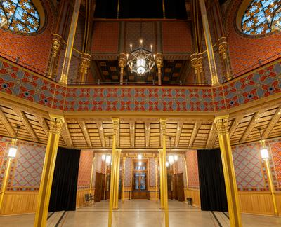 Interior of Rumbach sebestyen Street Synagogue. Near by   the famous Dohany street synagogue. amazing renewef space. Built in 1870-73. designed the architect Otto Wagner.-stock-photo