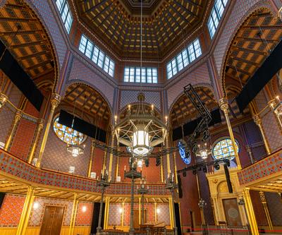 Interior of Rumbach sebestyen Street Synagogue. Near by   the famous Dohany street synagogue. amazing renewef space. Built in 1870-73. designed the architect Otto Wagner.-stock-photo