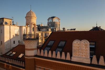 Rumbach sebestyen Street Synagogue aerial view. Near by   the famous Dohany street synagogue. amazing renewef space. Built in 1870-73. designed the architect Otto Wagner.-stock-photo