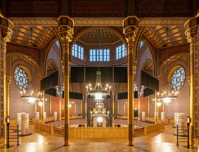 Interior of Rumbach sebestyen Street Synagogue. Near by   the famous Dohany street synagogue. amazing renewef space. Built in 1870-73. designed the architect Otto Wagner.-stock-photo