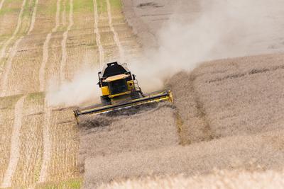 Farmers are harvesting with a New Holland CR9080 combine on a sunny day.-stock-foto