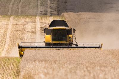Farmers are harvesting with a New Holland CR9080 combine on a sunny day.-stock-foto