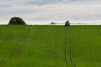 A farmer spraying on the spring wheat field with a John Deere tractor and a mamut topline sprayer.-stock-photo