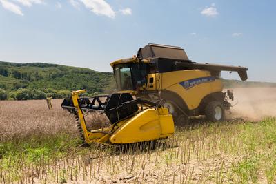 Farmers are harvesting with a New Holland CR9080 combine on a sunny day.-stock-foto