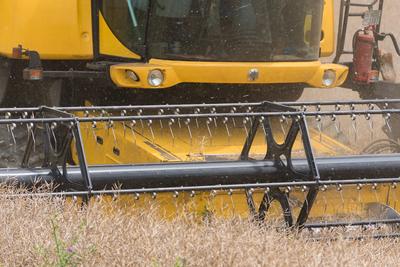 Farmers are harvesting with a New Holland CR9080 combine on a cloudy day.-stock-photo