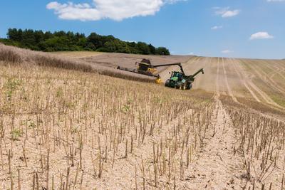 Farmers are harvesting with a New Holland combine on a sunny day. Another farmer coming with John Deere tractor and a Fliegl ULW trailer for the harvested seeds.-stock-foto