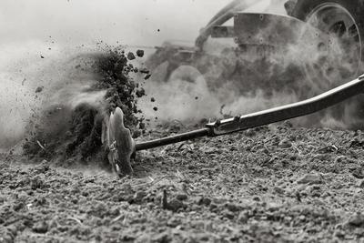 A farmer working on the field with a Horsch Pronto 4dc seeding drill. Black and white.-stock-photo
