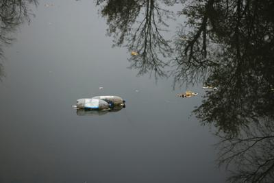 Dirty, empty bottles float in the river in autumn.-stock-photo