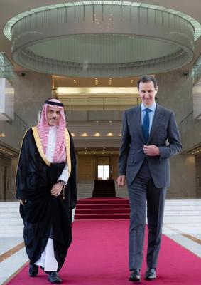 Syrian President Bashar al-Assad receives Prince Faisal bin Farhan bin Abdullah, Saudi Minister of Foreign Affairs, in Damascus-stock-photo