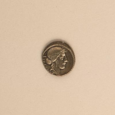 Silver denarius of Brutus 54 B.C. Roman LIBERTAS, head of Liberty/BRVTVS, Iunius Brutus (Consul in 509 B.C.) accompanied-stock-photo