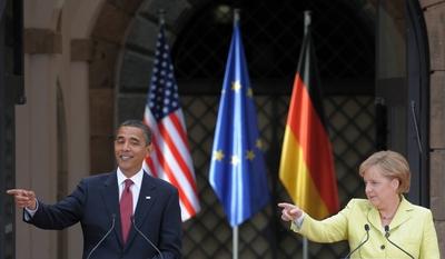 Pr?sident Barack Obama (USA) und Bundeskanzlerin Angela Merkel (Deutschland/CDU) w?hrend einer gemeinsamen Pressekonfer-stock-foto
