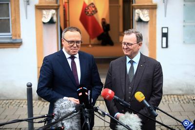Bodo Ramelow ?ber Amtgesch?fte an neuen Ministerpr?sident Mario Voigt-stock-photo