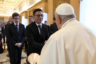 ITALY -   POPE FRANCIS DURING A PRIVATE AUDIENCE WITH  THE COMMUNITY OF THE INTERDIOCESAN MAJOR SEMINARY OF SANTIAGO DE COMPOSTEL AT THE VATICAN  - 2024/12/12-stock-photo