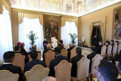 ITALY -   POPE FRANCIS DURING A PRIVATE AUDIENCE WITH  THE COMMUNITY OF THE INTERDIOCESAN MAJOR SEMINARY OF SANTIAGO DE COMPOSTEL AT THE VATICAN  - 2024/12/12-stock-photo