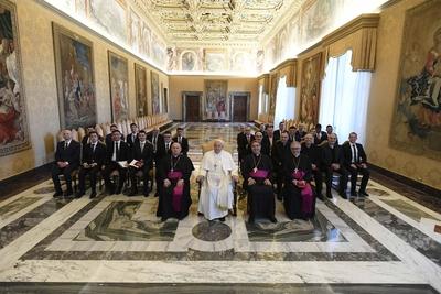 ITALY -   POPE FRANCIS DURING A PRIVATE AUDIENCE WITH  THE COMMUNITY OF THE INTERDIOCESAN MAJOR SEMINARY OF SANTIAGO DE COMPOSTEL AT THE VATICAN  - 2024/12/12-stock-photo