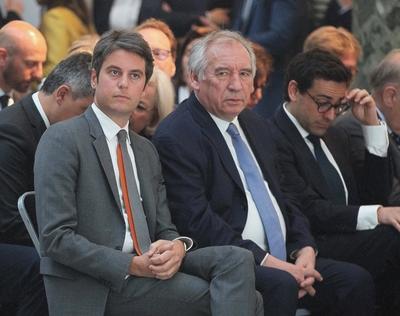 Press conference with French President Emmanuel Macron at the Pavillon cambon in Paris in the presence of Gabriel Attal-stock-foto