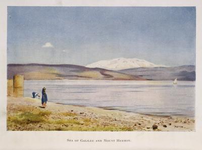 Watercolour by Stanley Inchbold, depicting the Sea of Galilee towards Mount Hermon (in Syria), Palestine 1906, Copyright-stock-photo