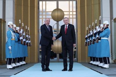 Turkish President Recep Tayyip Erdogan and Hungarian President Tamas Sulyok hold a meeting at the Presidential Complex in Ankara-stock-photo