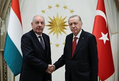 Turkish President Recep Tayyip Erdogan and Hungarian President Tamas Sulyok hold a meeting at the Presidential Complex in Ankara-stock-photo