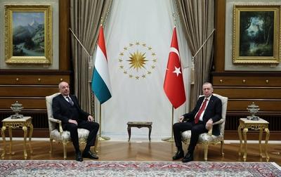 Turkish President Recep Tayyip Erdogan and Hungarian President Tamas Sulyok hold a meeting at the Presidential Complex in Ankara-stock-photo