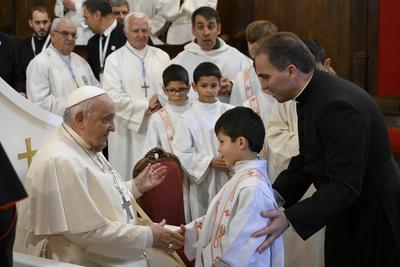 FRANCE - POPE FRANCIS DELIVES HIS MESSAGE INSIDE THE CATHEDRAL OF OUR LADY OF THE ASSUMPTION OF  AJACCIO ON THE OCCASION OF HIS ONE-DAY VISIT IN THE FRENCH ISLAND OF CORSICA  - 2024/12/15-stock-photo