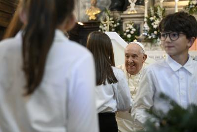 FRANCE - POPE FRANCIS DELIVES HIS MESSAGE INSIDE THE CATHEDRAL OF OUR LADY OF THE ASSUMPTION OF  AJACCIO ON THE OCCASION OF HIS ONE-DAY VISIT IN THE FRENCH ISLAND OF CORSICA  - 2024/12/15-stock-photo