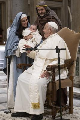 ITALY -   POPE FRANCIS MEETS THE PARTICIPANTS OF THE CELEBRATIONS FOR THE 800TH ANNIVERSARY OF THE FIRST GRECCIO LIVING NATIVITY INSIDE THE ST MARY MAJOR BASILICA IN ROME  - 2024/12/14-stock-photo