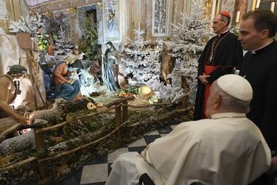 FRANCE - POPE FRANCIS DELIVES HIS MESSAGE INSIDE THE CATHEDRAL OF OUR LADY OF THE ASSUMPTION OF  AJACCIO ON THE OCCASION OF HIS ONE-DAY VISIT IN THE FRENCH ISLAND OF CORSICA  - 2024/12/15-stock-photo