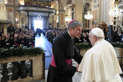 FRANCE - POPE FRANCIS DELIVES HIS MESSAGE INSIDE THE CATHEDRAL OF OUR LADY OF THE ASSUMPTION OF  AJACCIO ON THE OCCASION OF HIS ONE-DAY VISIT IN THE FRENCH ISLAND OF CORSICA  - 2024/12/15-stock-photo