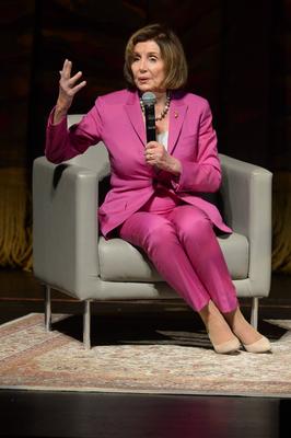 MIAMI, FL - OCTOBER 21: Former Speaker of the United States House of Representatives Nancy Pelosi in conversation with F-stock-photo