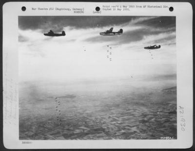 A Formation Of Consolidated B-24 Liberators Of The 93Rd Bomb Group, Drop Their Bombs On Magdeburg, Germany. 16 Aug. 1944-stock-photo