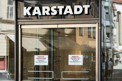 Augsburg, Bavaria, Germany - August 10, 2024: Closed entrance of the Karstadt department store in Augsburg with referenc-stock-foto